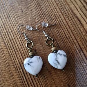Ladies White Heart Beaded Dangle Earrings, Handmade Ladies Earrings